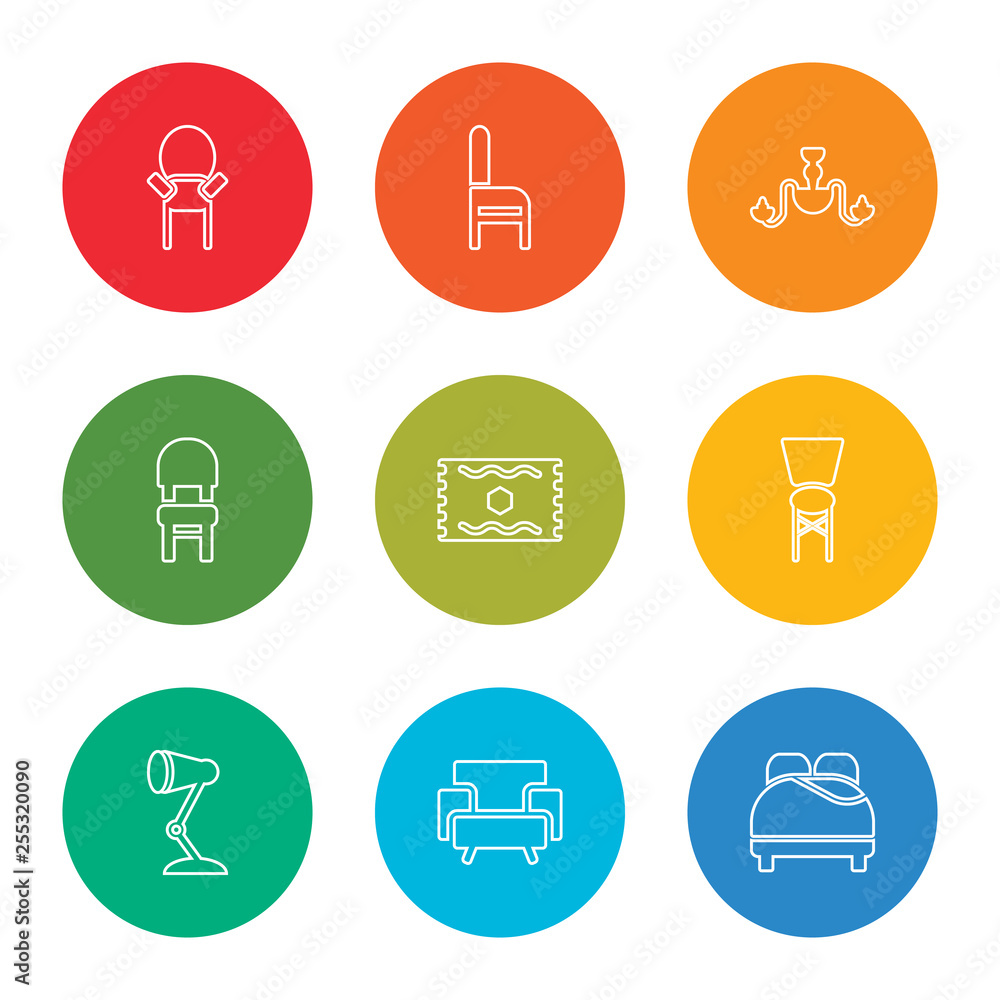 outline stroke bed, armchair, lamp, armchair, carpet, chair, chandelier, chair, chair, vector line icons set on rounded colorful shapes outline stroke bed, armchair, lamp, armchair, carpet, chair, chandelier, chair, chair, vector line icons set on rounded colorful shapes