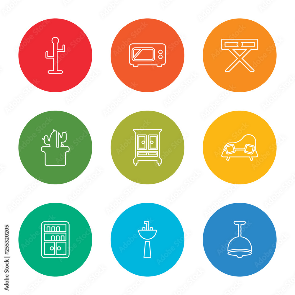 outline stroke lamp, sink, bookcase, divan, wardrobe, cactus, side table, microwave, rack, vector line icons set on rounded colorful shapes outline stroke lamp, sink, bookcase, divan, wardrobe, cactus, side table, microwave, rack, vector line icons set on rounded colorful shapes