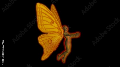 Fairy with wings . 3d  render . Wing pattern : Graellsia Isabellae Spanish Moon Moth   ,Yellow , gold . Perimeter body glow  - edges only photo