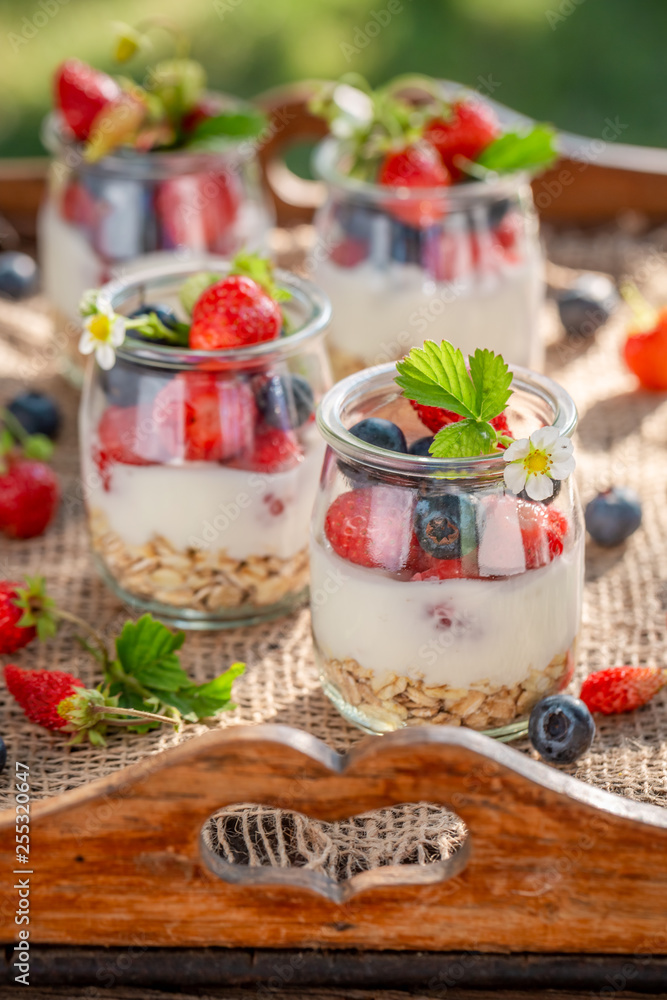 Healthy oat flakes in jar with yoghurt and berries Healthy oat flakes in jar with yoghurt and berries