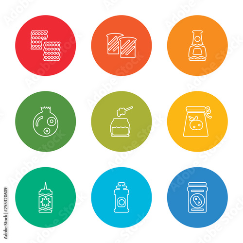 outline stroke beans, pepper, mustard, jam, honey, pomegranate, sauce, toast, biscuit, vector line icons set on rounded colorful shapes