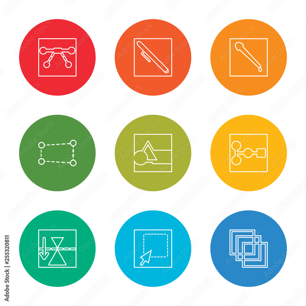 outline stroke scale, select, mirror horizontally, , square, distort, eyedropper, pen, vector line icons set on rounded colorful outline stroke scale, select, mirror horizontally, , square, distort, eyedropper, pen, vector line icons set on rounded colorful