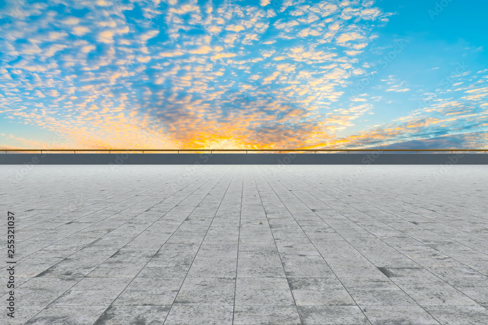 Empty square tiles and beautiful sky scenery Empty square tiles and beautiful sky scenery