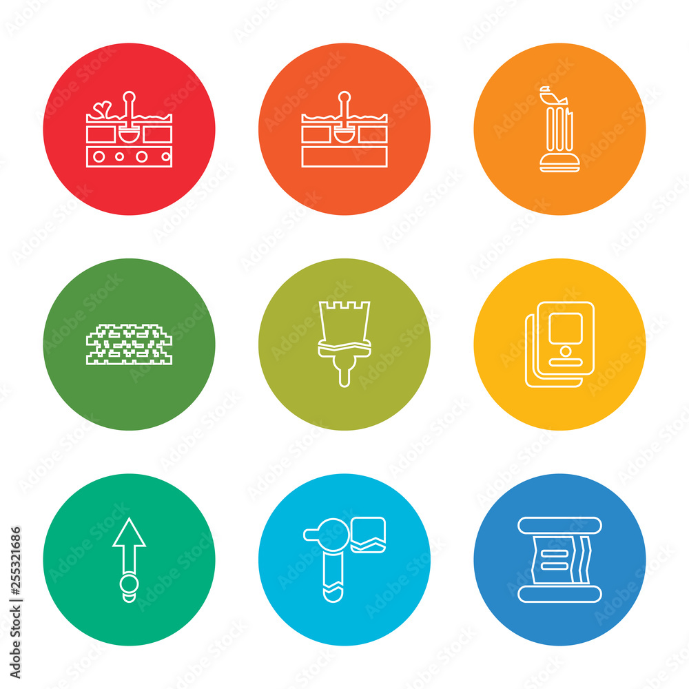 outline stroke paper, hammer, arrow, book, brush, bricks, column, fossil, fossil, vector line icons set on rounded colorful shapes outline stroke paper, hammer, arrow, book, brush, bricks, column, fossil, fossil, vector line icons set on rounded colorful shapes