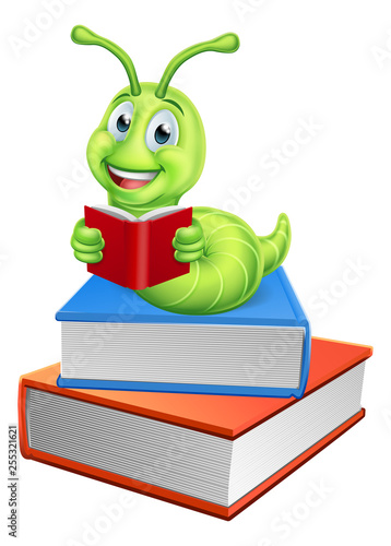 A cartoon character cute caterpillar worm bookworm education mascot reading on top of a pile of books reading