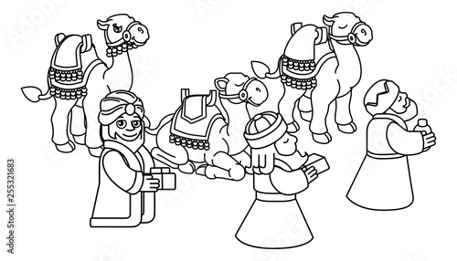 A Christmas nativity scene coloring cartoon, with with three wise men or magi and their camels arriving with their gifts. Christian religious illustration.