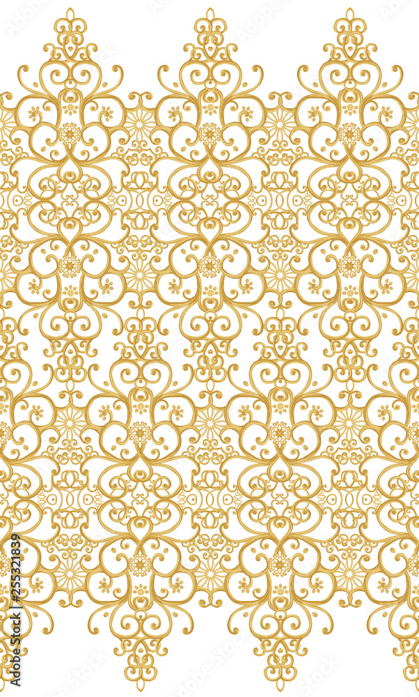 Seamless pattern. Golden textured curls. Oriental style arabesques. Brilliant lace, stylized flowers. Openwork weaving delicate, golden background.