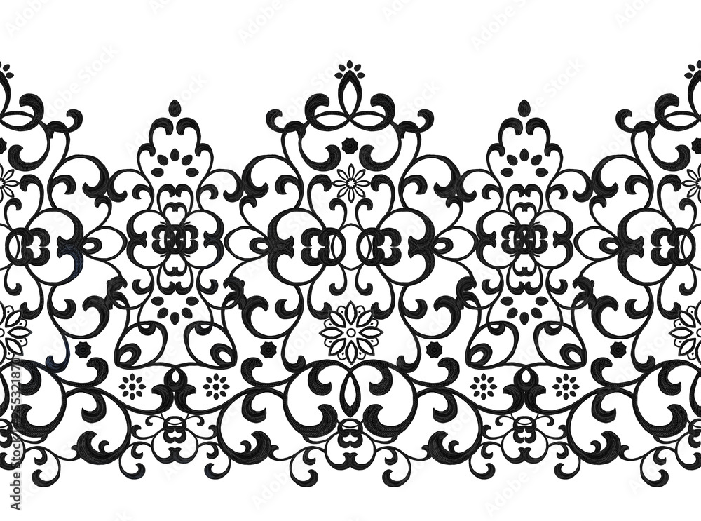 Seamless pattern border. Openwork weaving delicate, black lace, vintage old style arabesques. Edging decorative. Seamless pattern border. Openwork weaving delicate, black lace, vintage old style arabesques. Edging decorative.