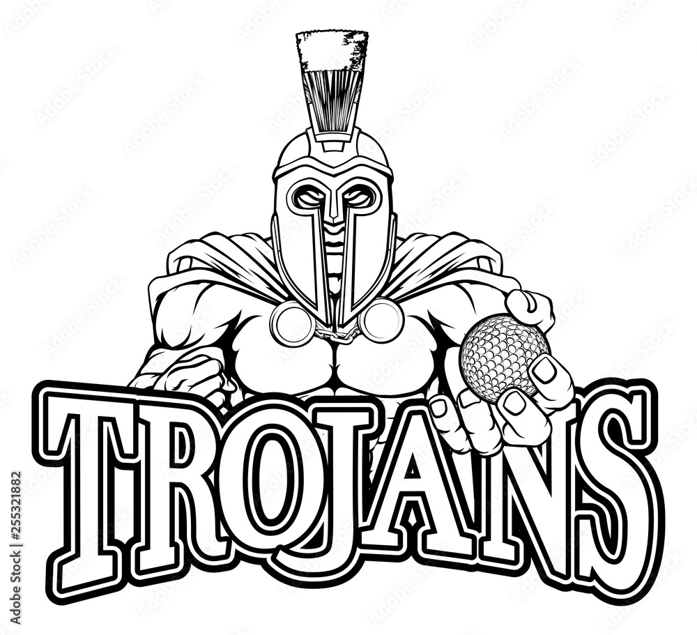 A Spartan or Trojan warrior Golf sports mascot holding a ball A Spartan or Trojan warrior Golf sports mascot holding a ball