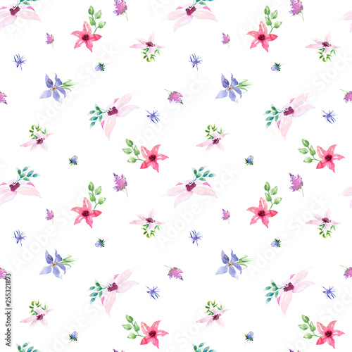 Wedding spring romantic bridal bouquet seamless pattern. pink purple and white flowers green leaves ornament