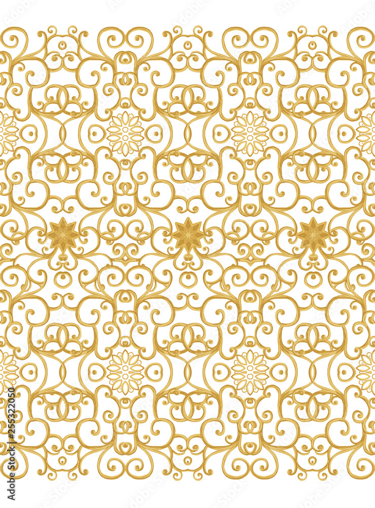 Seamless pattern. Golden textured curls. Oriental style arabesques. Brilliant lace, stylized flowers. Openwork weaving delicate, golden background. Seamless pattern. Golden textured curls. Oriental style arabesques. Brilliant lace, stylized flowers. Openwork weaving delicate, golden background.