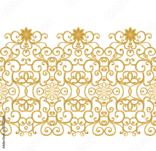 Seamless pattern. Golden textured curls. Oriental style arabesques. Brilliant lace, stylized flowers. Openwork weaving delicate, golden background.