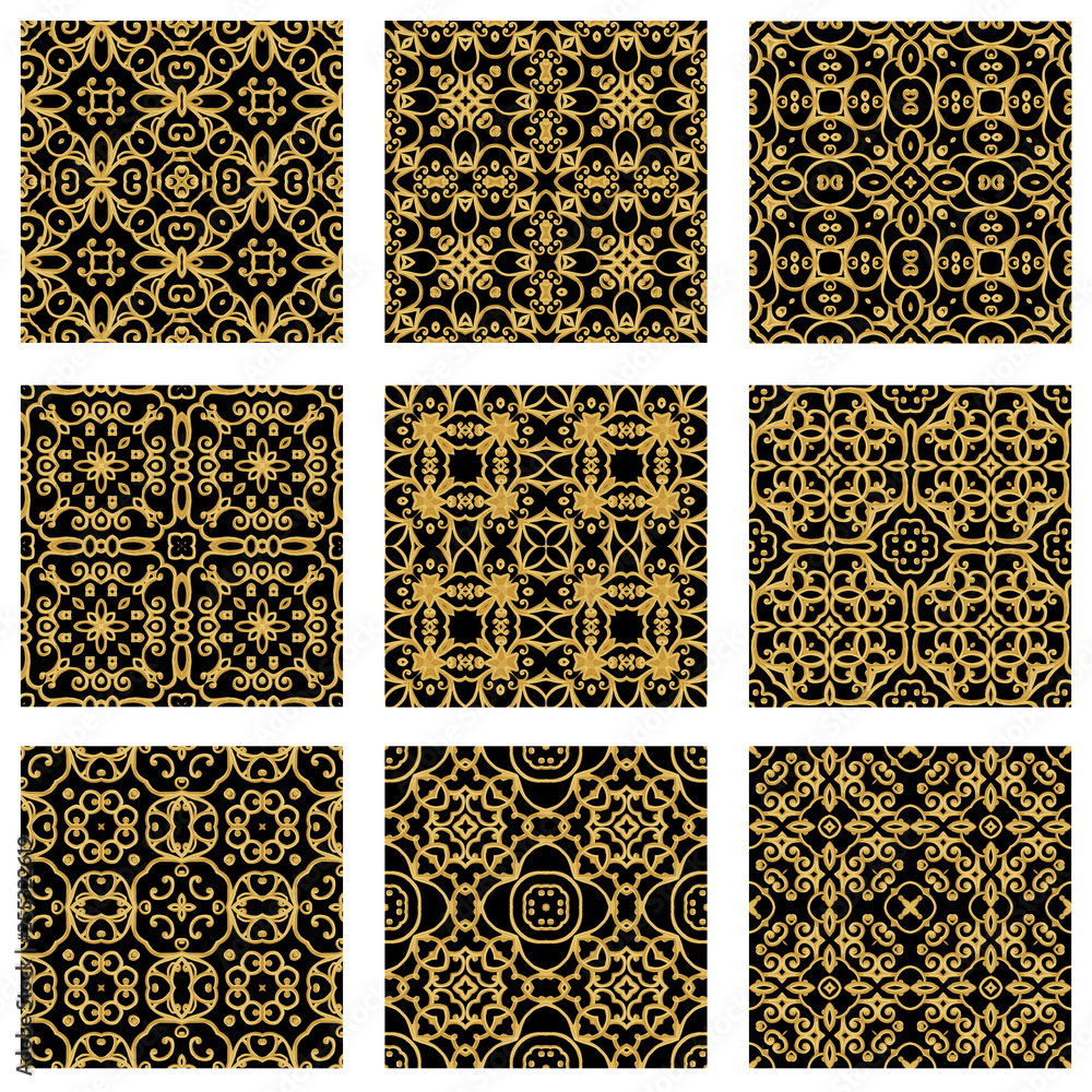 Set Golden textured curls. Oriental style arabesques. Brilliant lace, stylized flowers. Openwork weaving delicate, golden background. Seamless pattern. Set Golden textured curls. Oriental style arabesques. Brilliant lace, stylized flowers. Openwork weaving delicate, golden background. Seamless pattern.