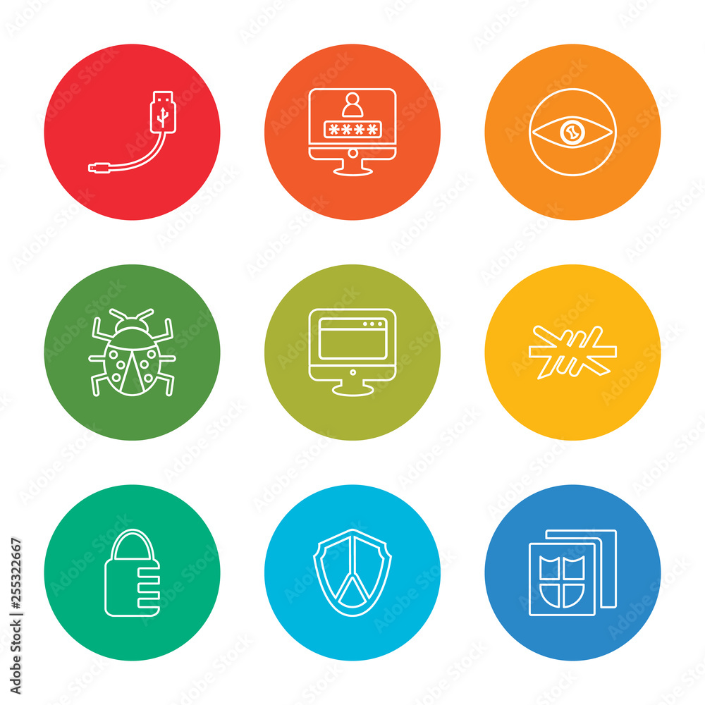 outline stroke file, shield, padlock, barbed wire, browsers, bug, visibility, password, usb cable, vector line icons set on rounded colorful shapes