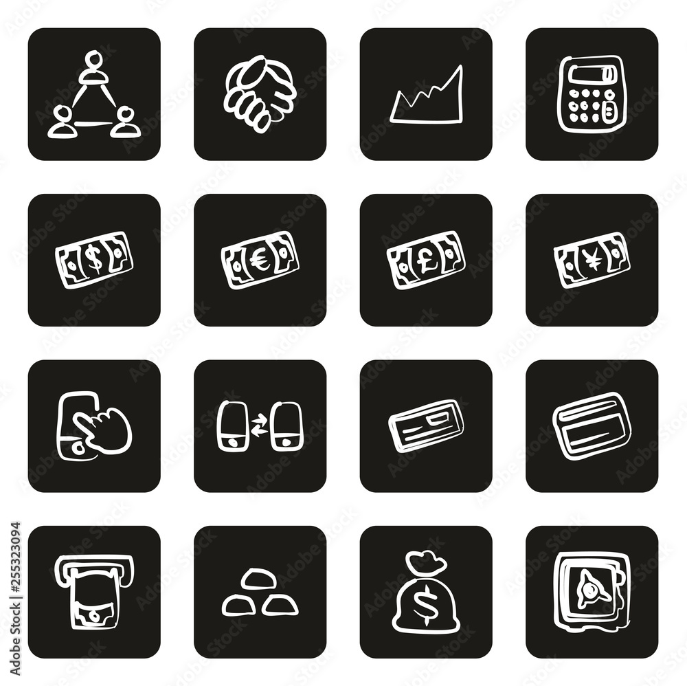 Money Transaction Icons Freehand White On Black Money Transaction Icons Freehand White On Black