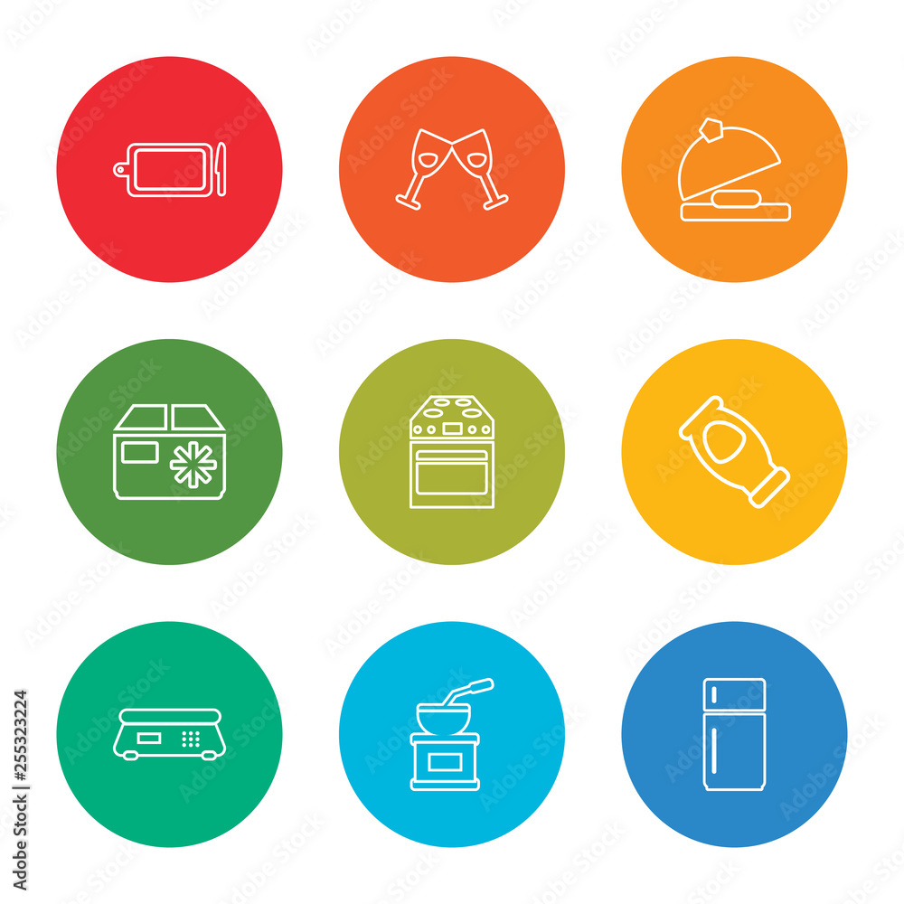outline stroke fridge, coffee grinder, scale, salt, stove, freezer, tray, cocktail, kitchen board, vector line icons set on rounded colorful shapes