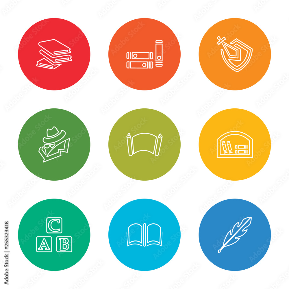 Fototapeta premium outline stroke quill, open book, abc, bookshelf, manuscript, spy, knight, books, book, vector line icons set on rounded colorful shapes