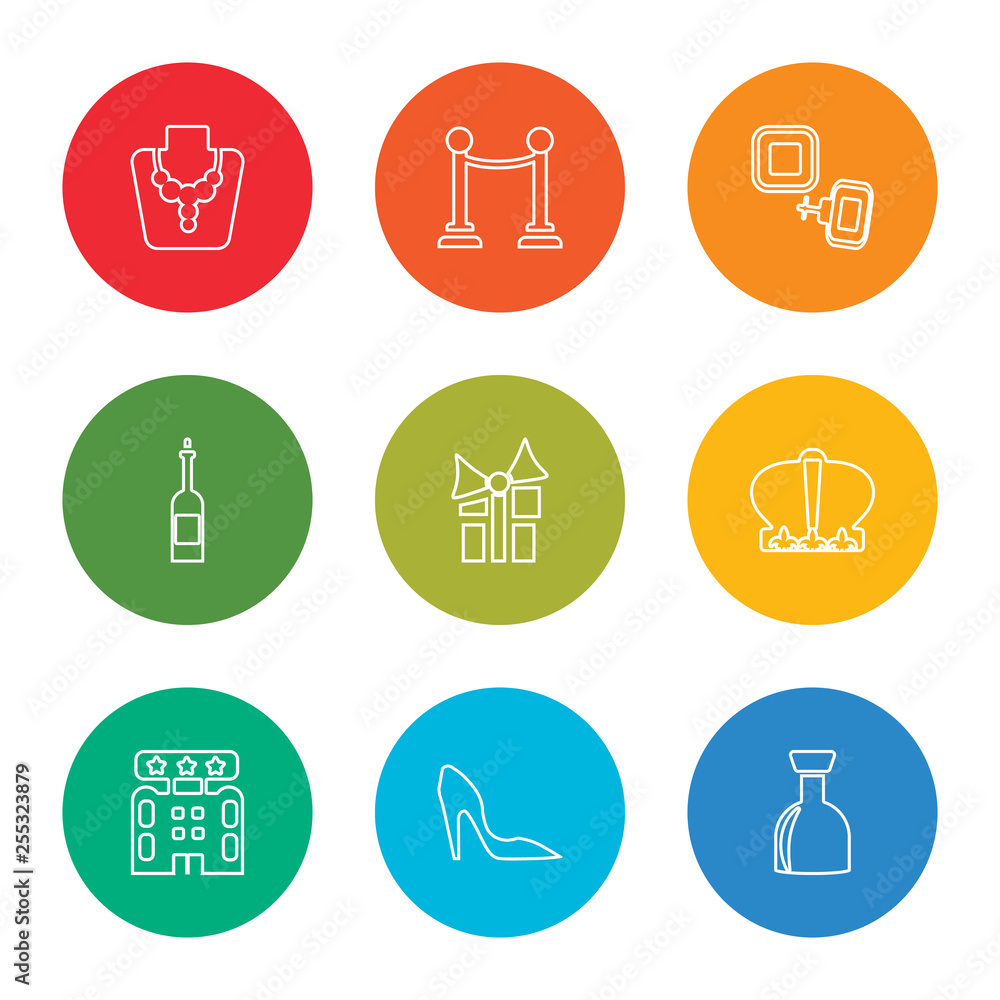 outline stroke brandy, high heels, hotel, crown, gift, wine, cufflinks, fence, necklace, vector line icons set on rounded colorful shapes outline stroke brandy, high heels, hotel, crown, gift, wine, cufflinks, fence, necklace, vector line icons set on rounded colorful shapes