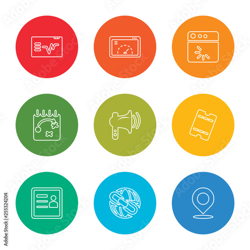 outline stroke location, link, profile, eticket, promotion, strategy, loading, velocity test, web graphic, vector line icons set on rounded colorful shapes