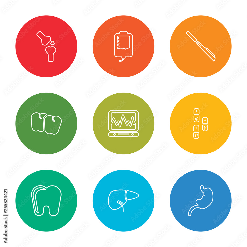 outline stroke stomach, pills, cardiogram, premolar, scalpel, blood transfusion, knee, femur, first aid kit, vector line icons set on rounded colorful shapes