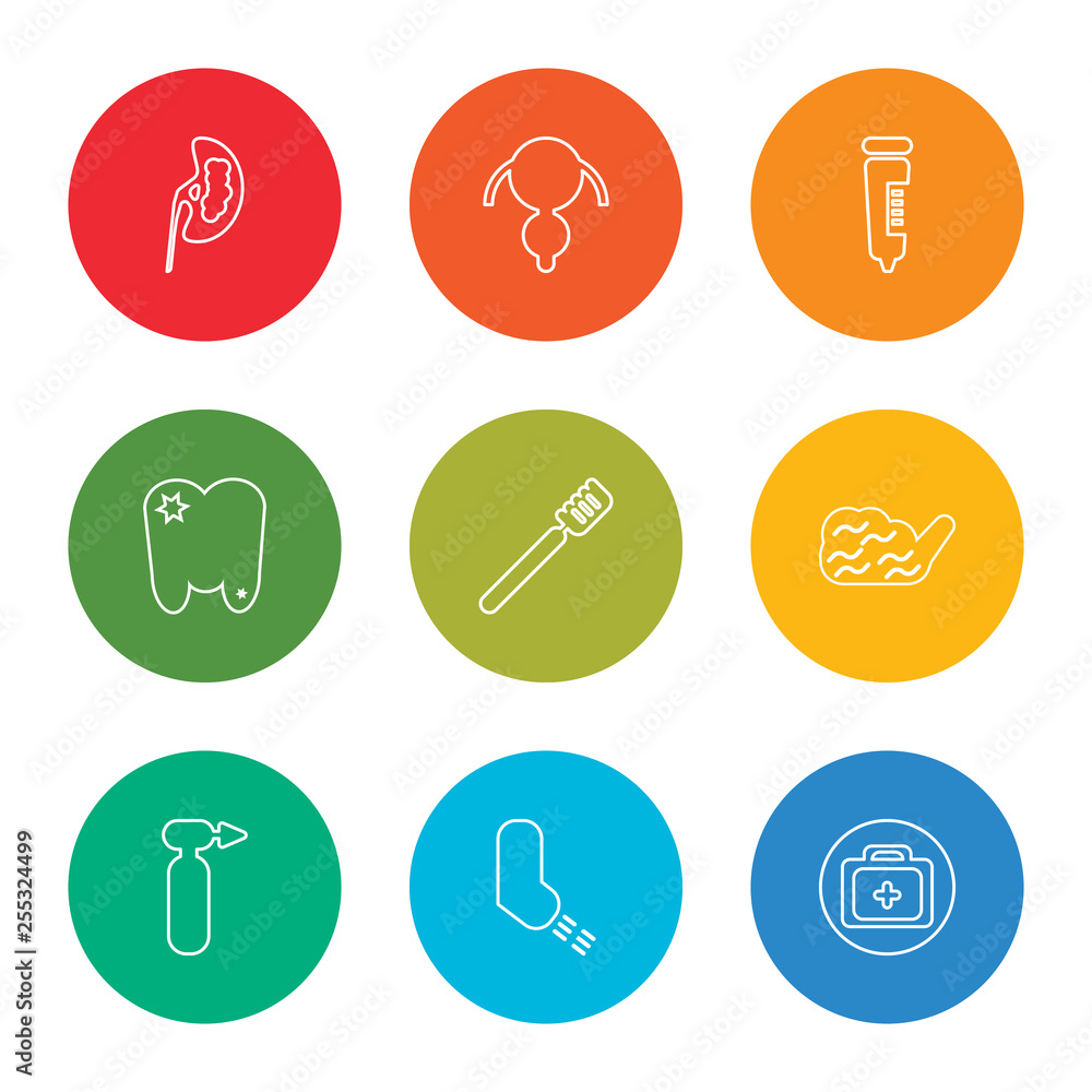 outline stroke dental drill, brain, tooth brush, premolar, ointment, uterus, kidney, molar, pills, vector line icons set on rounded colorful shapes outline stroke dental drill, brain, tooth brush, premolar, ointment, uterus, kidney, molar, pills, vector line icons set on rounded colorful shapes
