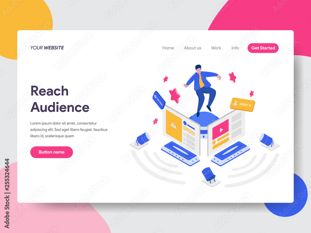 Landing page template of Reach Social Media Audience Illustration Concept. Isometric flat design concept of web page design for website and mobile website.Vector illustration