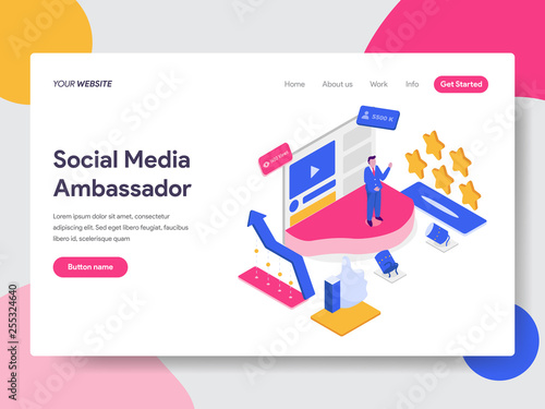 Landing page template of Social Media Ambassador Illustration Concept. Isometric flat design concept of web page design for website and mobile website.Vector illustration