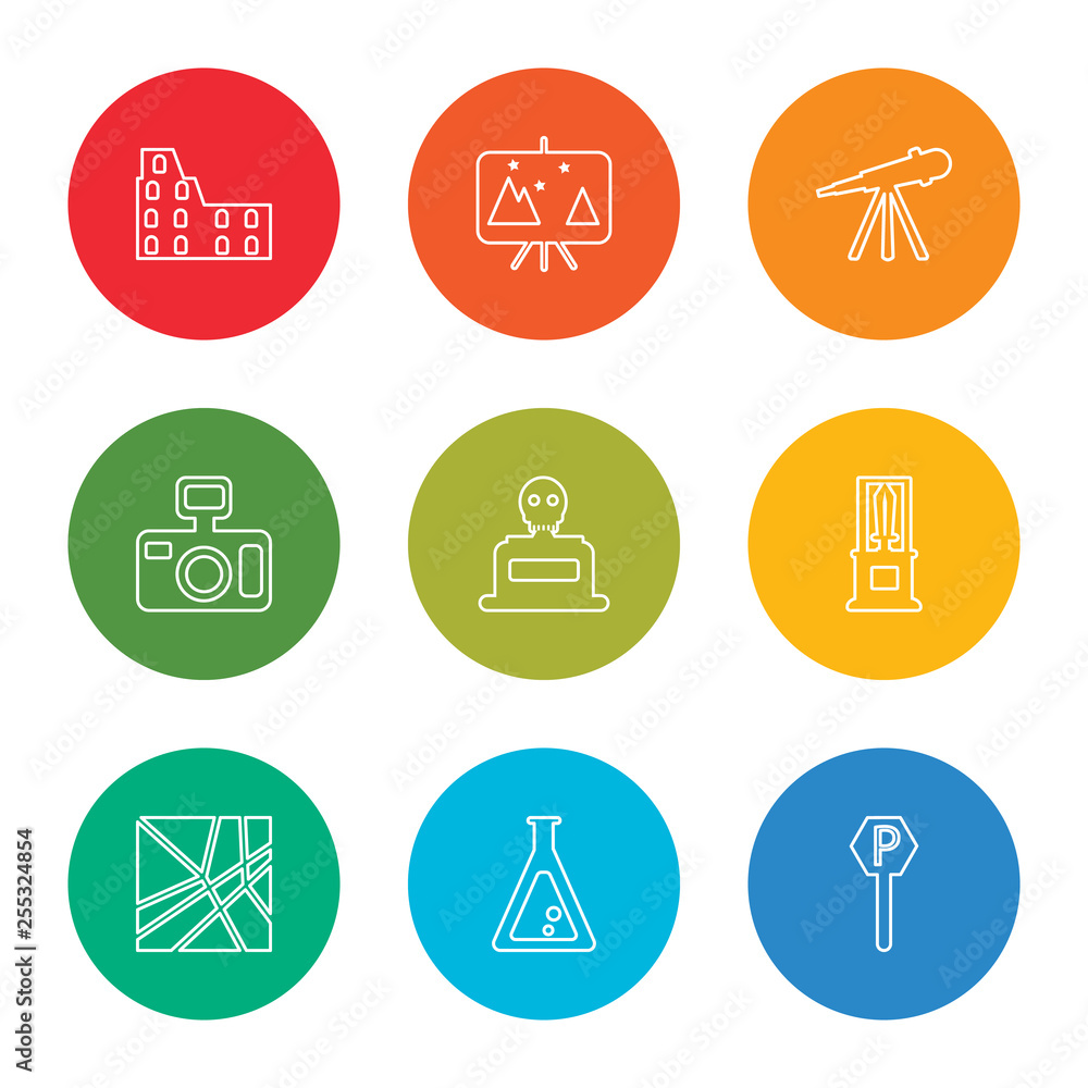 outline stroke parking, flask, map, sword, skeleton, photo camera, telescope, canvas, colosseum, vector line icons set on rounded colorful shapes outline stroke parking, flask, map, sword, skeleton, photo camera, telescope, canvas, colosseum, vector line icons set on rounded colorful shapes