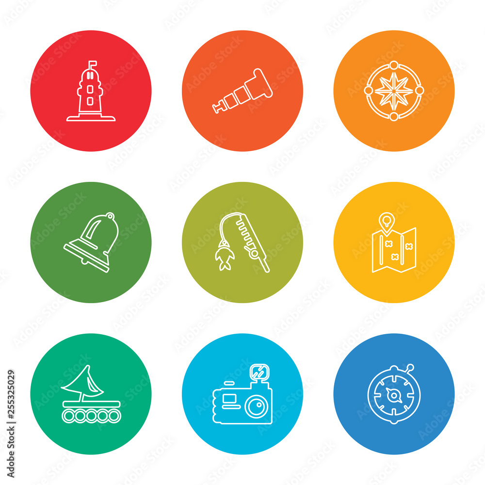 outline stroke compass inclined, water resist camera, wood raft, folded map with placeholder, fishing rod, big bell, star inside circle, boat telescope, long lighthouse, vector line icons set on