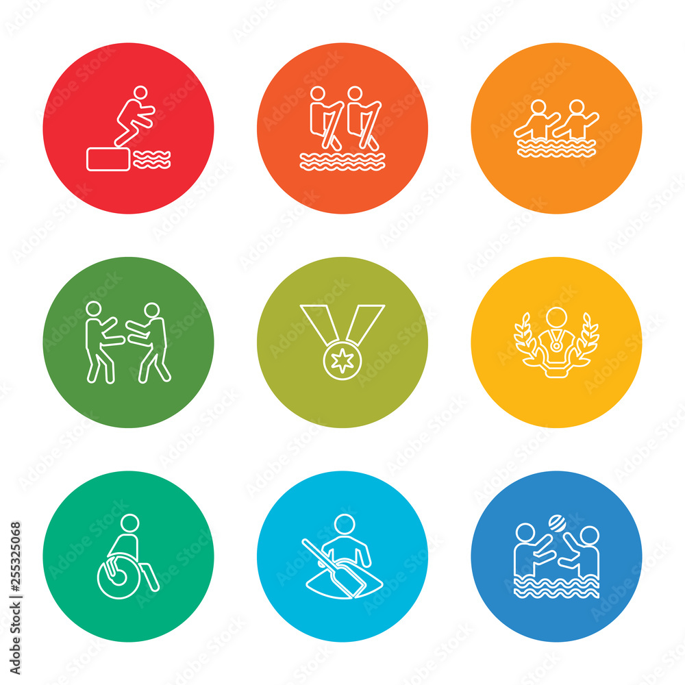Fototapeta premium outline stroke water polo, kayak, paralympic, winner, medal, boxing, aqua gym, canoe, water sport, vector line icons set on rounded colorful shapes