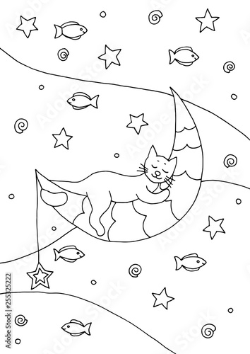 Hand drawn coloring page with a sleeping cat on the moon