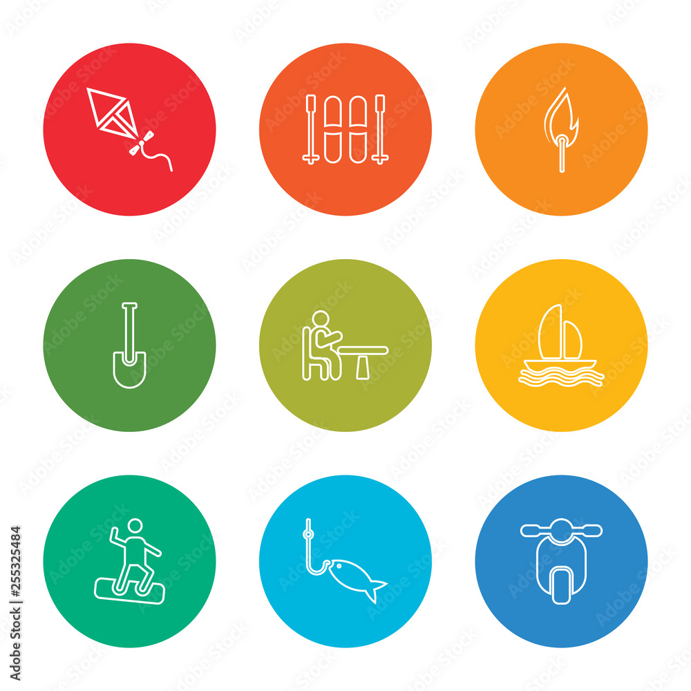 outline stroke scooter, fishing, snowboard, boat, table, shovel, fire, skii, kite, vector line icons set on rounded colorful shapes