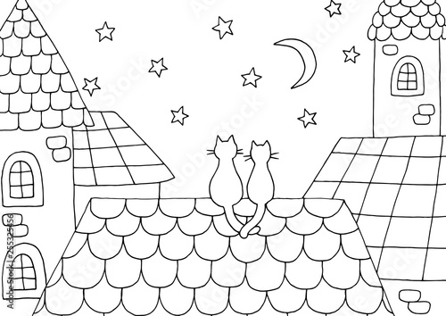 Hand drawn coloring page with a cats on the roof