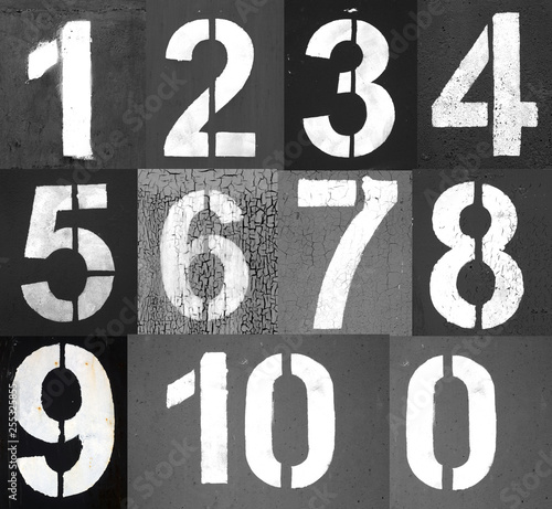 Numbers 0 to 10 in stencil on metal wall in black and white. photo