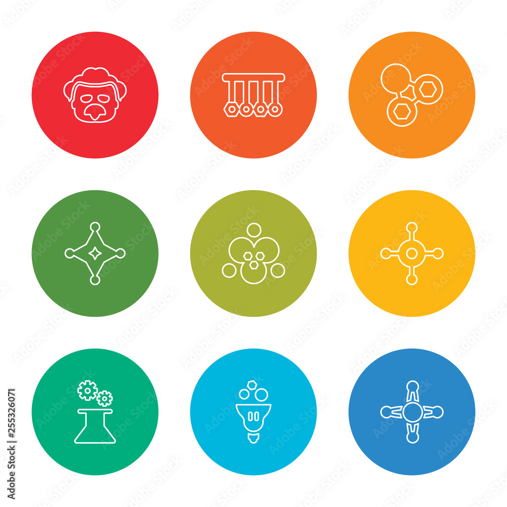 outline stroke atom, idea, mechanism, molecule, molecules, molecules, molecules, physics, einstein, vector line icons set on rounded colorful shapes
