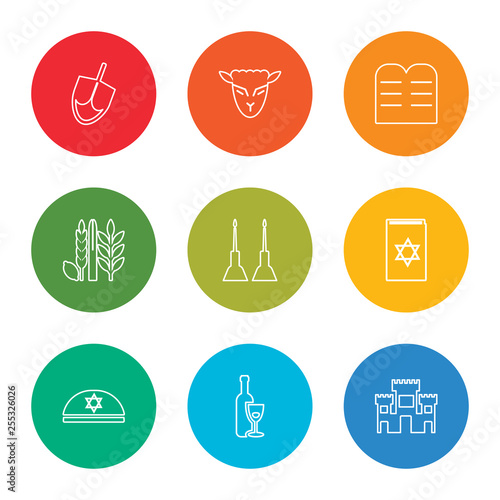 outline stroke solomon temple in jerusalem, hebrew wine, kippah, torah book, jewish candles, four species, halakha, lamb of god, dreidel, vector line icons set on rounded colorful shapes