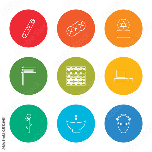 outline stroke manna jar, religion, budding staff, tefilin, kotel, gragger, jewish coins, challah, mezuzah, vector line icons set on rounded colorful shapes