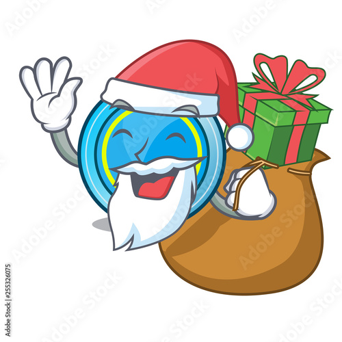 Santa with gift frisbee next a wooden cartoon table