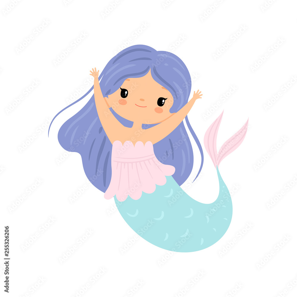 Little Mermaid with Long Beautiful Blue Hair, Cute Sea Princess Character Vector Illustration Little Mermaid with Long Beautiful Blue Hair, Cute Sea Princess Character Vector Illustration