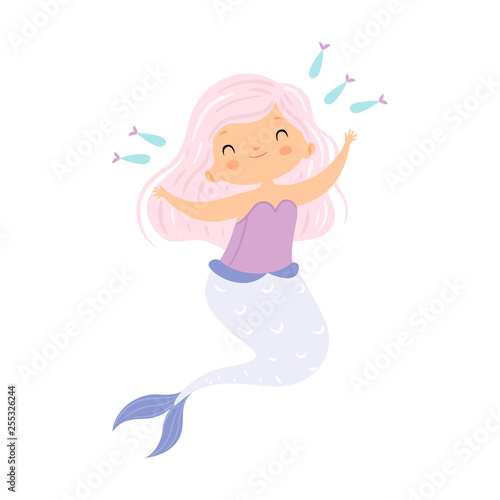 Beautiful Little Mermaid with Pink Hair Playing with Fishes, Cute Sea Princess Character Vector Illustration