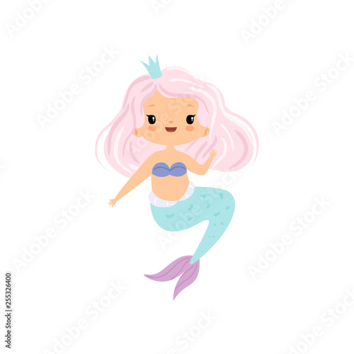 Adorable Little Mermaid with Pink Hair and Crown  Cute Sea Princess Character Vector Illustration