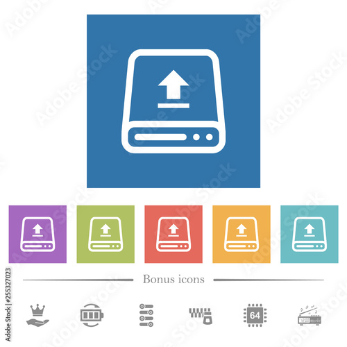 Upload from hard drive flat white icons in square backgrounds