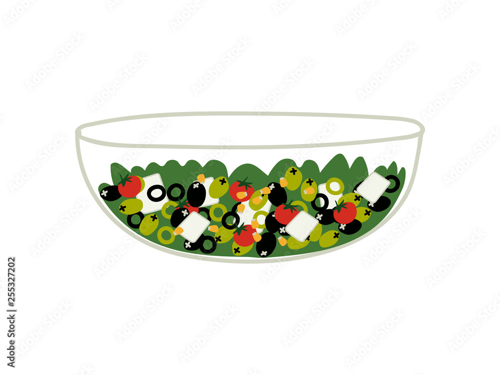 Delicious Salad with Lettuce, Tomatoes, Cheese and Olives in Glass Transparent Bowl, Fresh Healthy Dish Vector Illustration Delicious Salad with Lettuce, Tomatoes, Cheese and Olives in Glass Transparent Bowl, Fresh Healthy Dish Vector Illustration