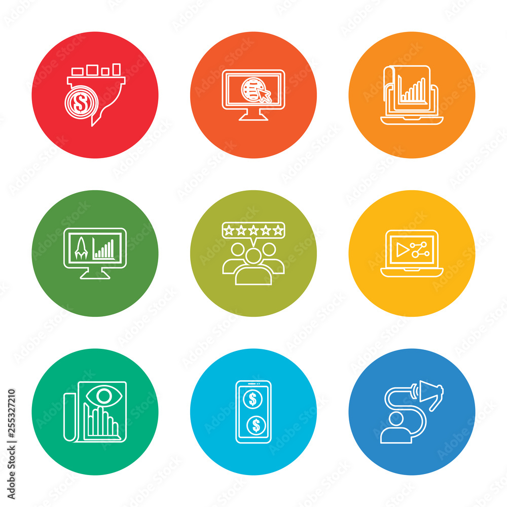 outline stroke promotion, ecommerce, statistics, digital marketing, feedback, development, stadistics, net, filter, vector line icons set on rounded colorful shapes outline stroke promotion, ecommerce, statistics, digital marketing, feedback, development, stadistics, net, filter, vector line icons set on rounded colorful shapes