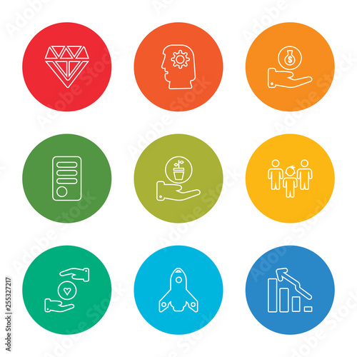 outline stroke bar chart, startup, care, team, sprout, handshake, money bag, management, diamond, vector line icons set on rounded colorful shapes © TOPVECTORSTOCK