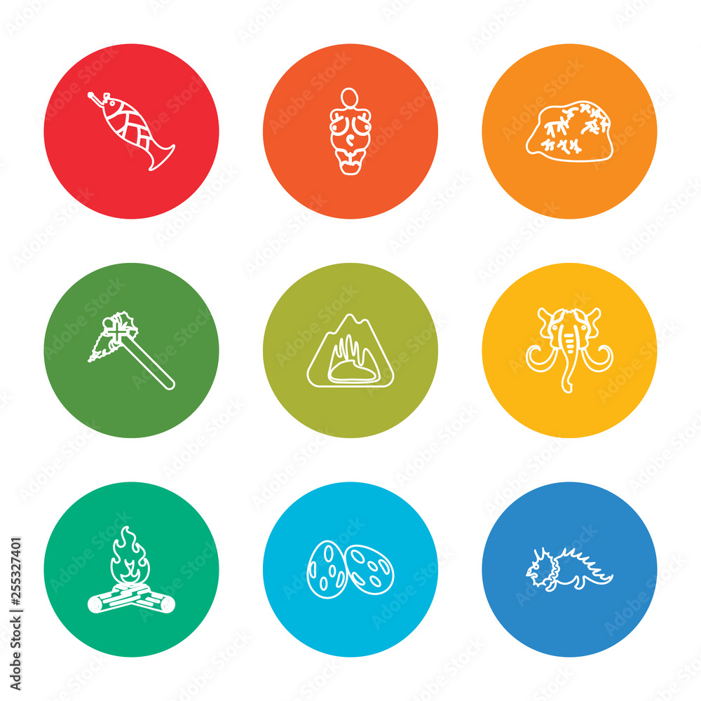 outline stroke dinosaur, dinosaur egg, bonfire, mammoth, cave, axe, cave painting, venus of willendorf, fishing, vector line icons set on rounded colorful shapes