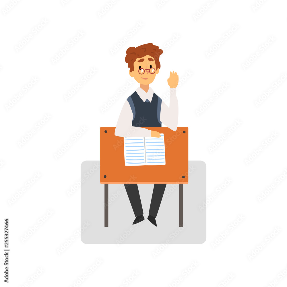Male Student Sitting at Desk in Classroom with Riswd Hand, Schoolboy Studying at School, College Vector Illustration