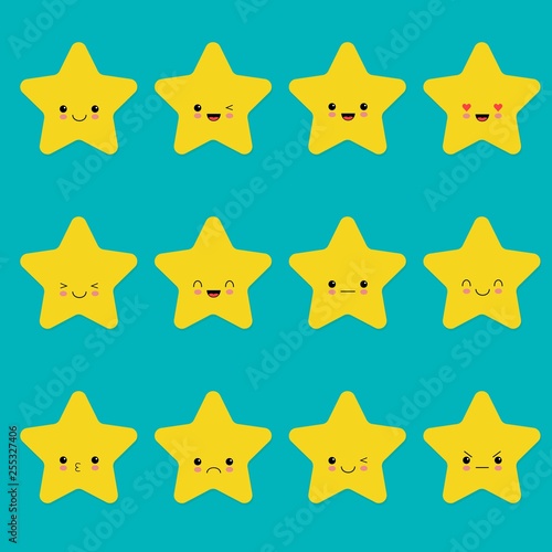 Vector set of star emoticons. Collection of yellow stars with different emotions in cartoon style on blue background