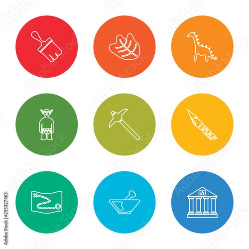 outline stroke museum, plate, treasure map, knife, pick, troglodyte, dinosaur, fossil, brush, vector line icons set on rounded colorful shapes