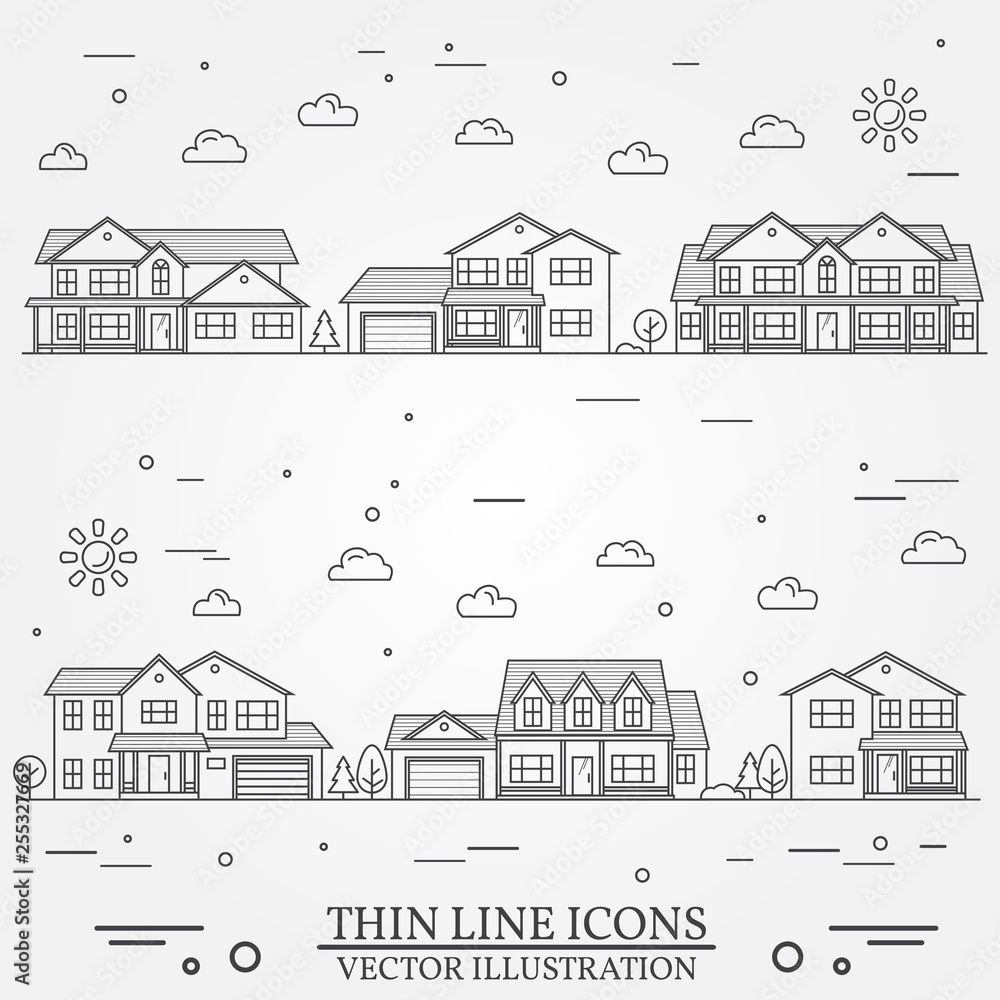Neighborhood with homes illustrated. Vector thin line icon suburban american houses. For web design and application interface, also useful for infographics. Vector dark grey.